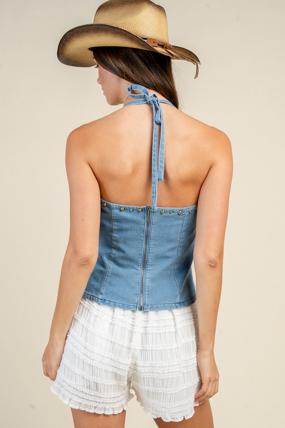 WESTERN STITCH LACE-UP DENIM HALTER TOP