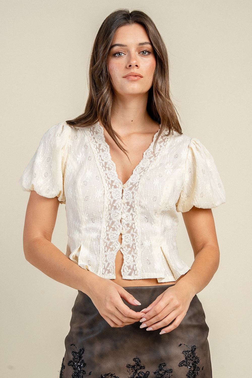 Lace Bloom Button Front Top