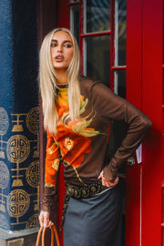 Brown Floral Mesh Long Sleeve Top