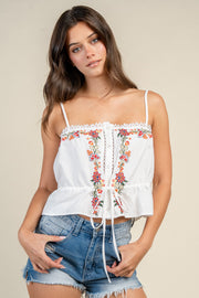 Embroidered Tie-Front Cami Top