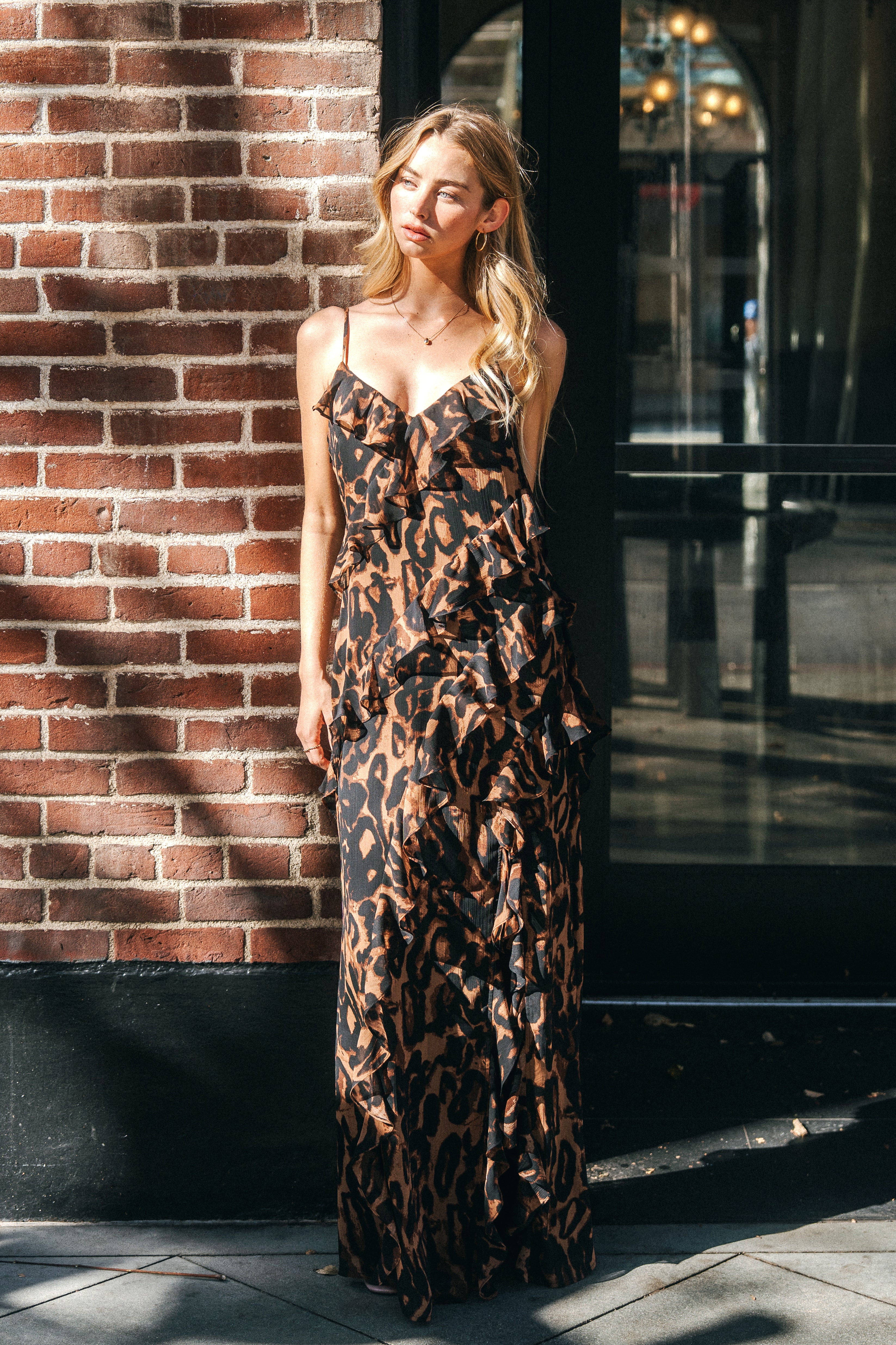 CHIFFON MAXI CAMI DRESS W/ FRILL RUFFLE DETAILS