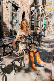 PRINTED SATIN LACE TRIM SLIP DRESS WITH SIDE SLIT