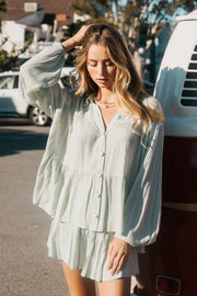 OVERSIZED BUTTON DOWN BLOUSE W/ TIERED PANEL, TIERED SHORTS W/ ELASTIC WAIST
