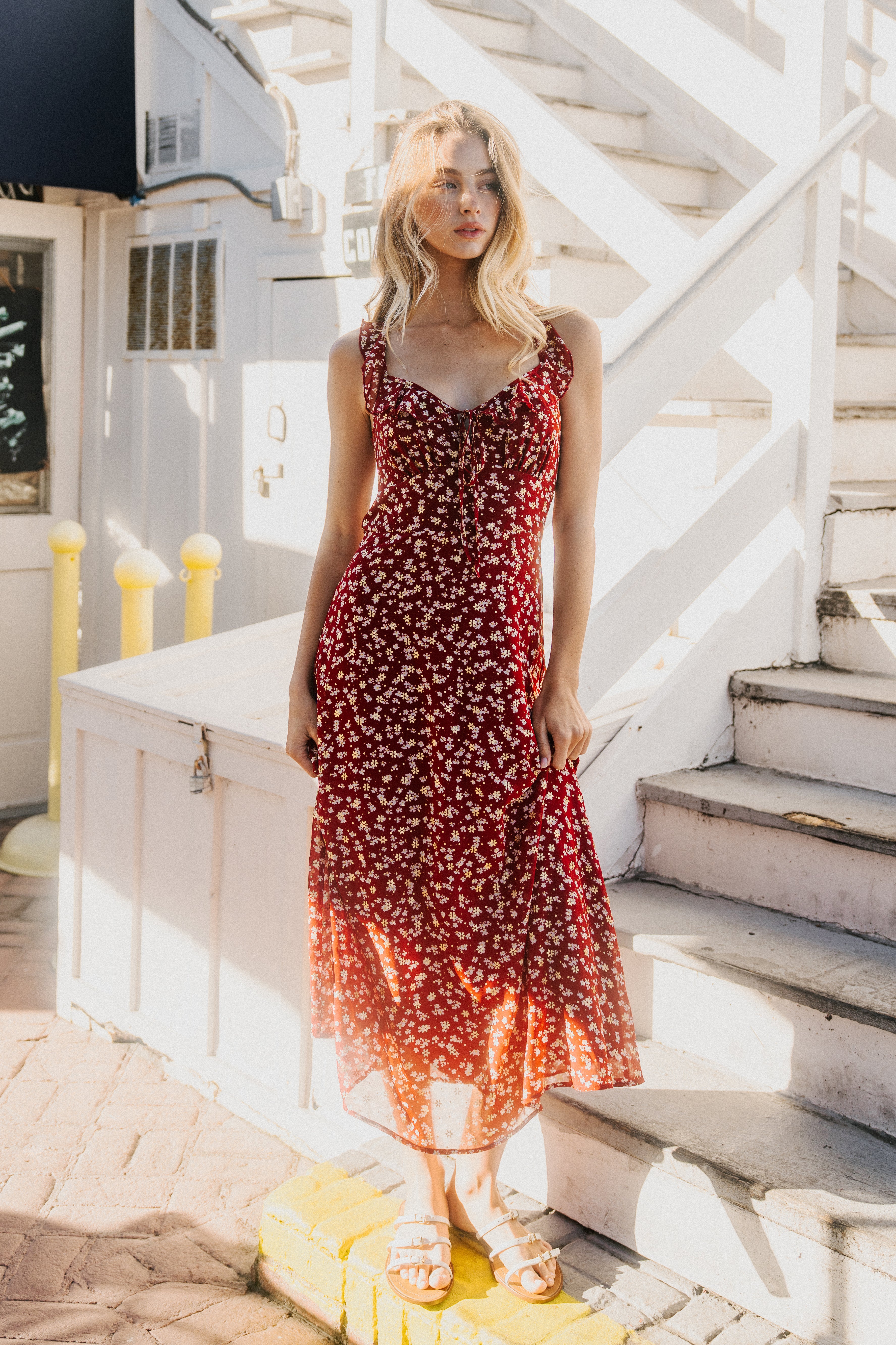 FRILL RUFFLED SHOULDER MIDI DRESS