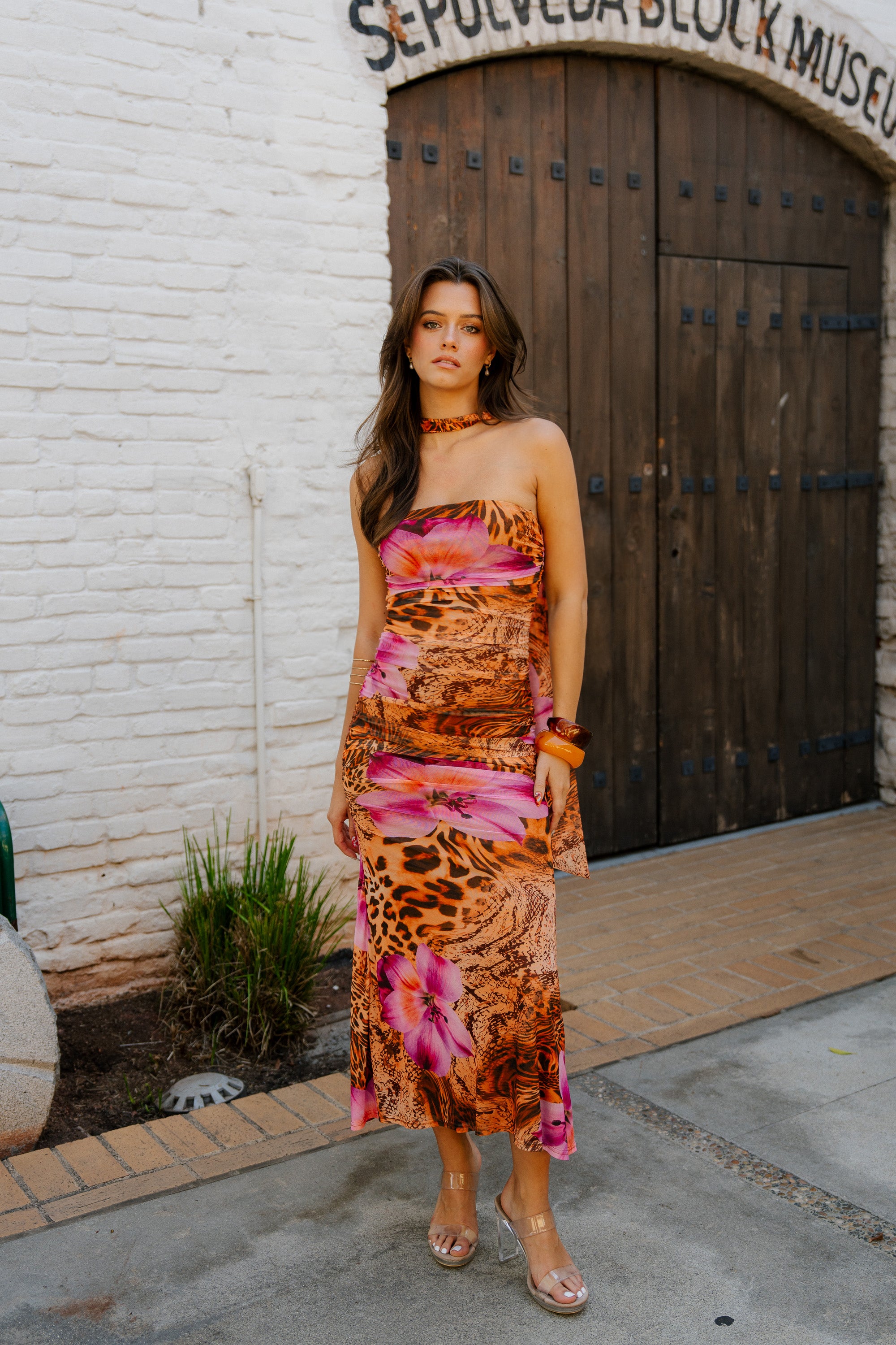 Print Ruched Halter Midi Dress