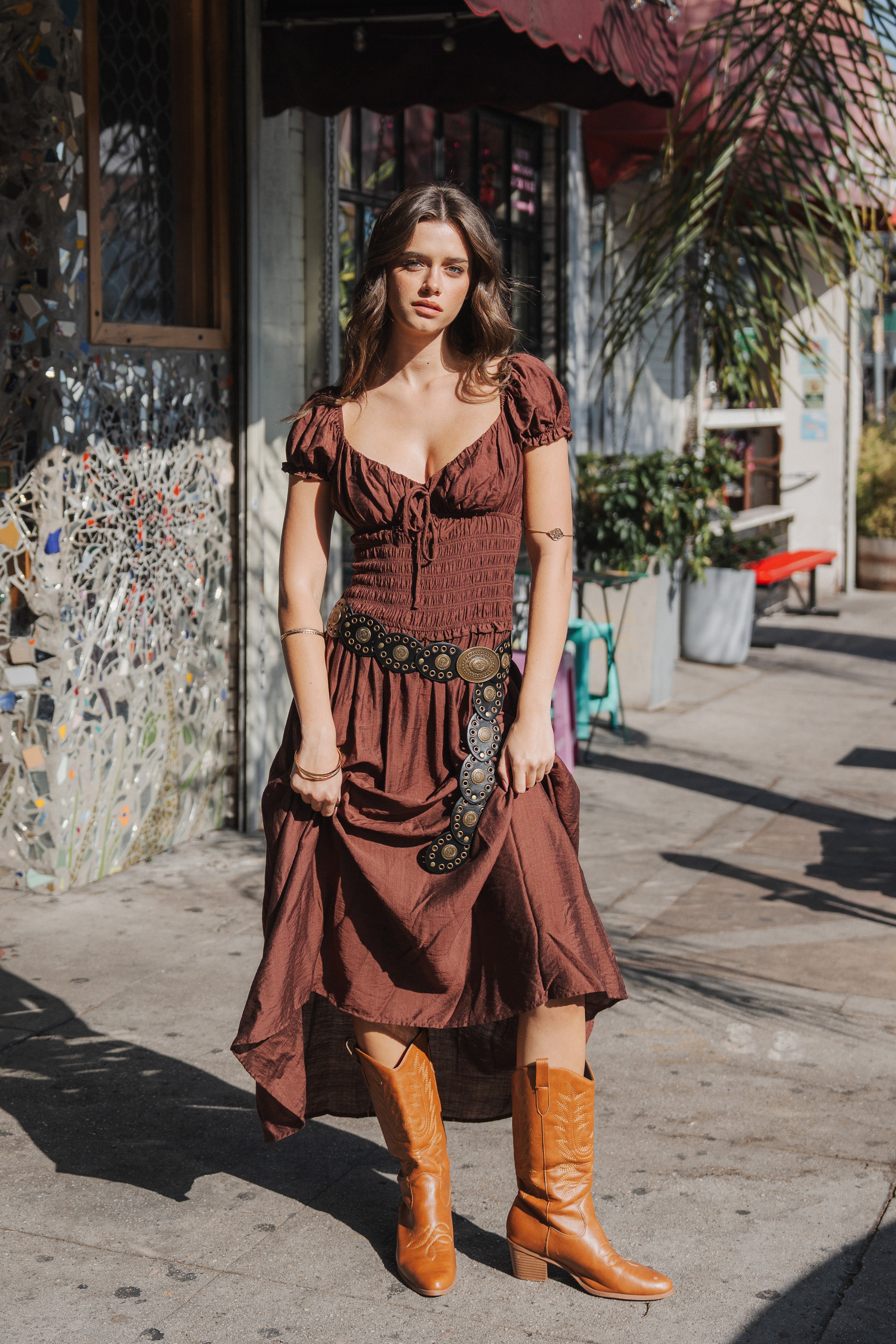 RAYON NYLON SMOCKED DROP WAIST S/S MAXI DRESS