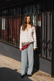 DENIM COLOR BLOCK WIDE LEG PANTS W/FRAY EDGE