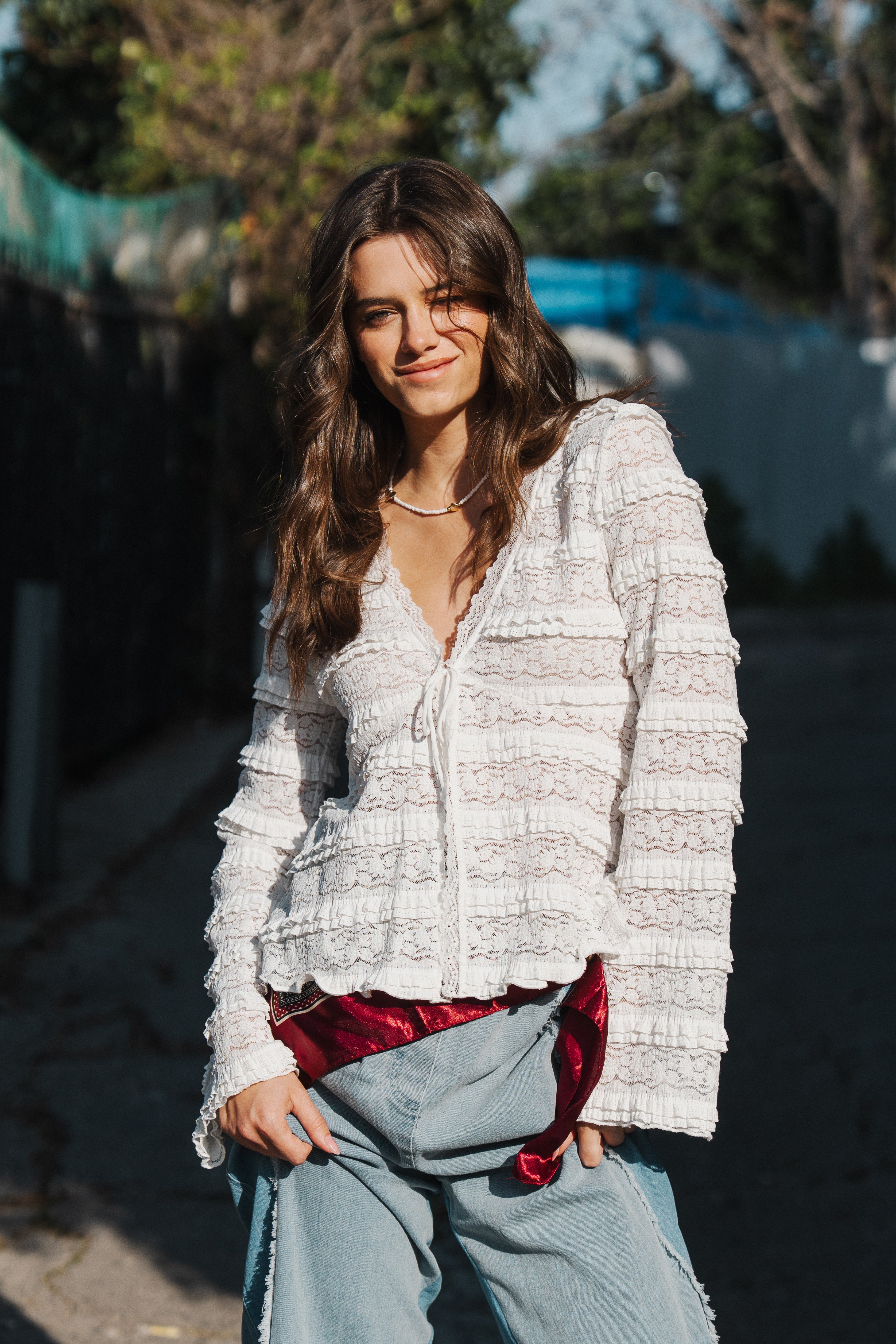 L/S FRONT TIE 3D LACE TOP