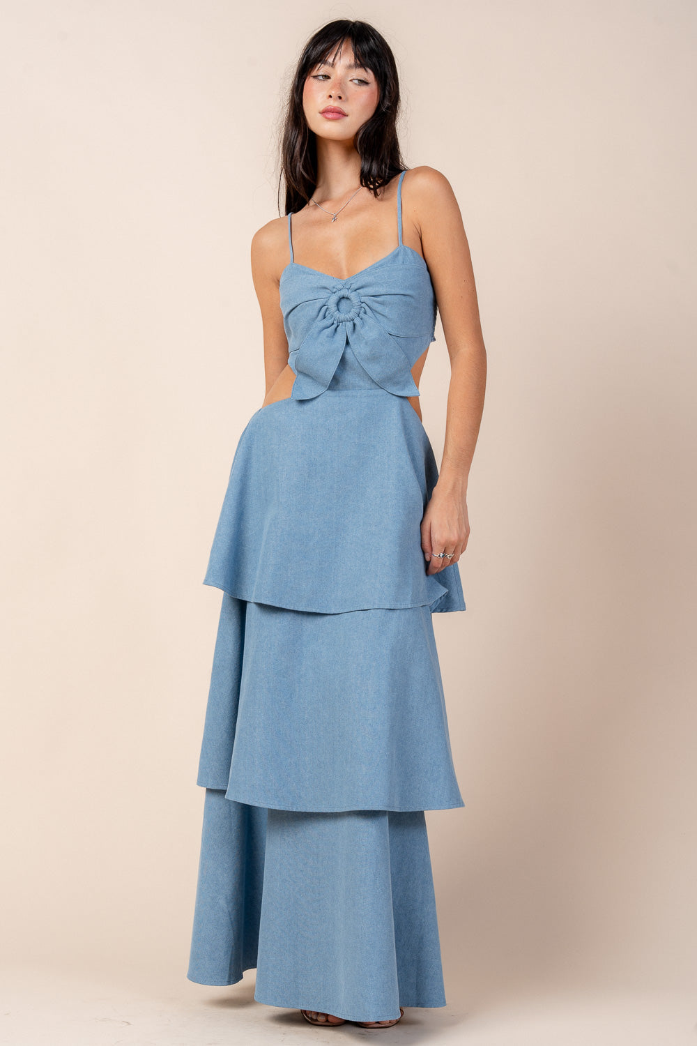 DENIM CHAMBRAY 3 TIERED MAXI DENIM DRESS