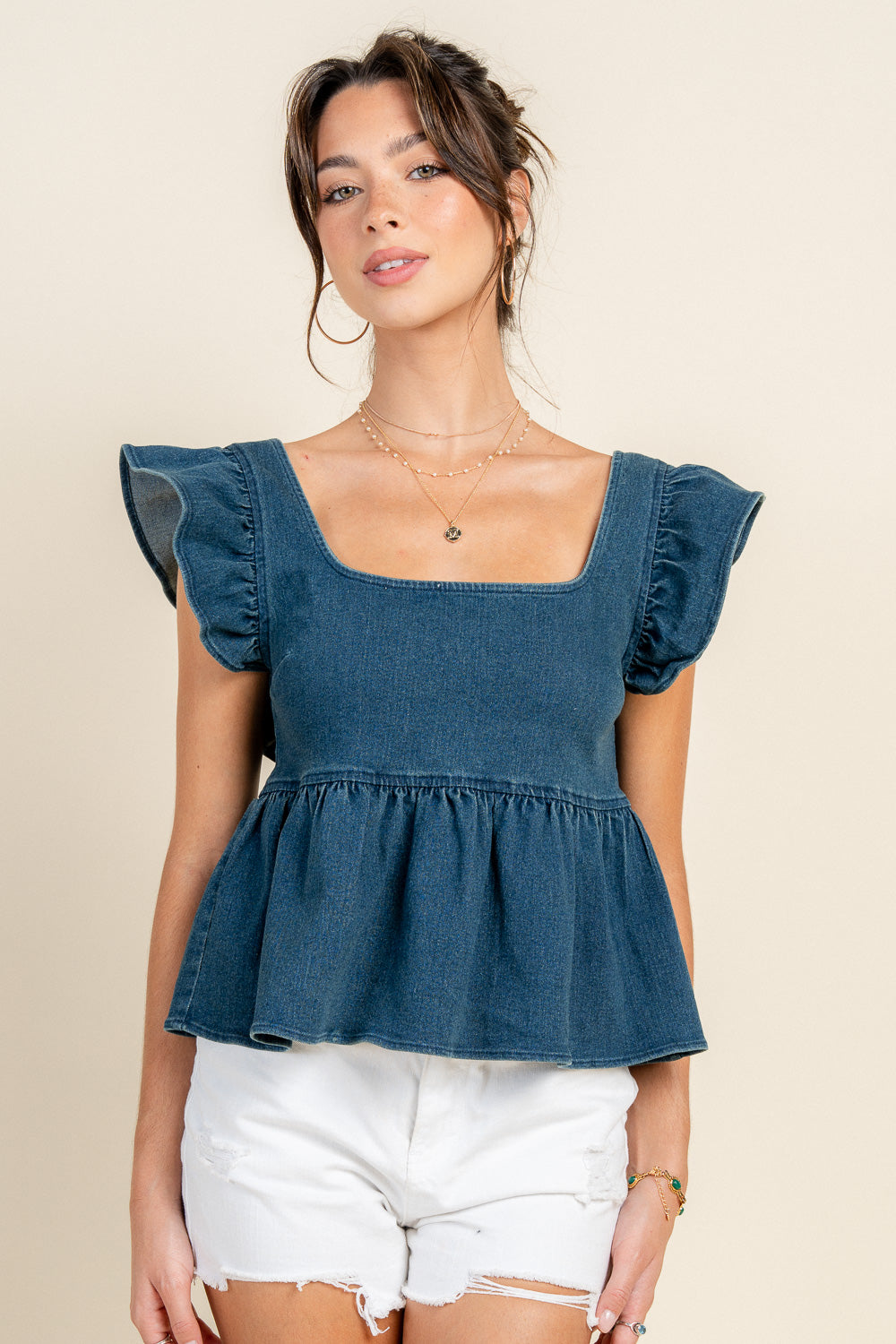 PEPLUM TOP W/ RUFFLE SHOULDER
