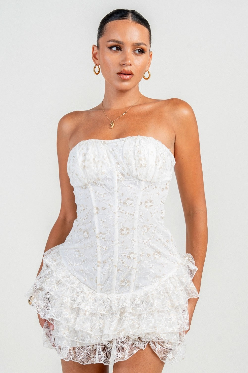 METALLIC LACE RUFFLE HEM MINI DRESS