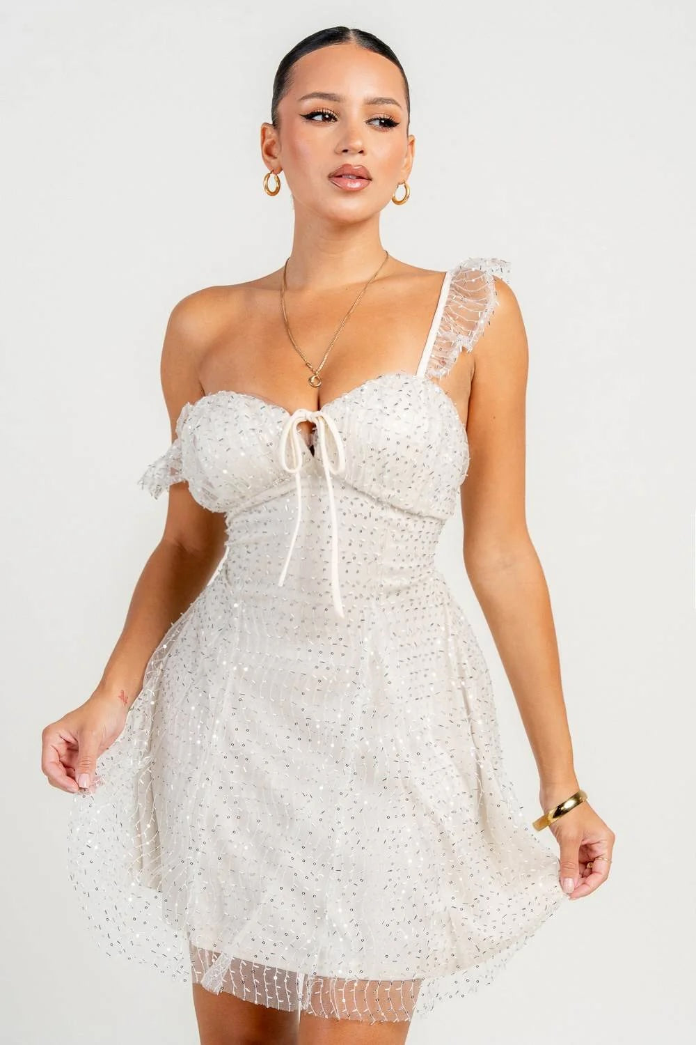 OFF THE SHOULDER EMBELLISHMENT A-LINE MINI DRESS