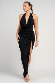 DEEP PLUNGE COWL HALTER DRAPED MAXI DRESS
