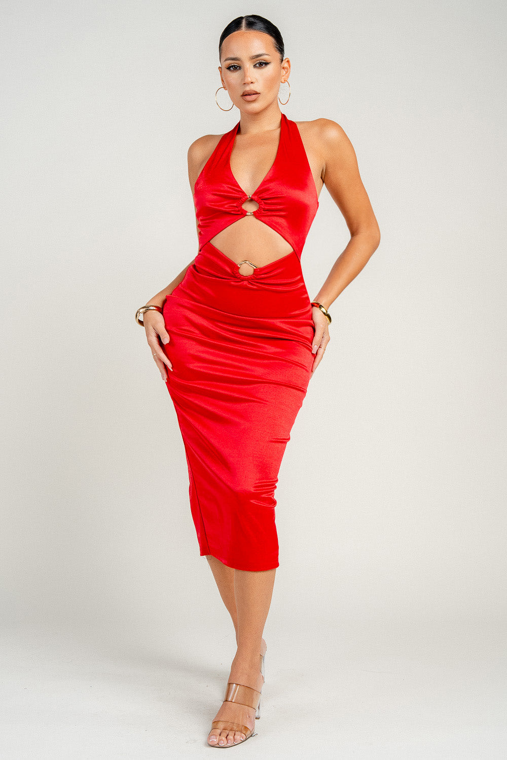 HALTER NECK CUT-OUT TTED MIDI DRESS