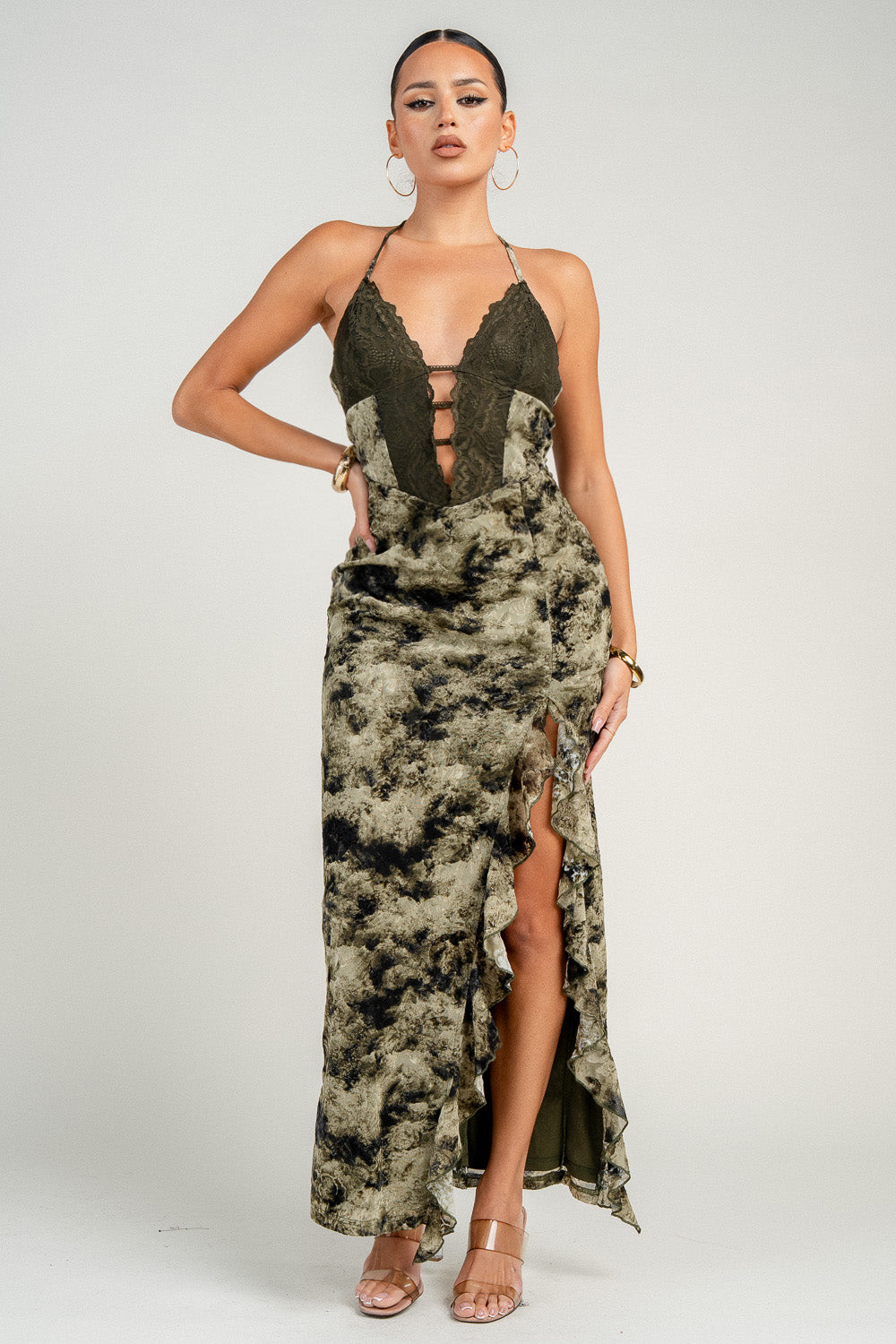 PRINTEDMESH JACQUARD W/ LACE HALTER