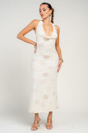 HALTER NECK LACE UP BACK DETAIL MERMAID MIDI DRESS