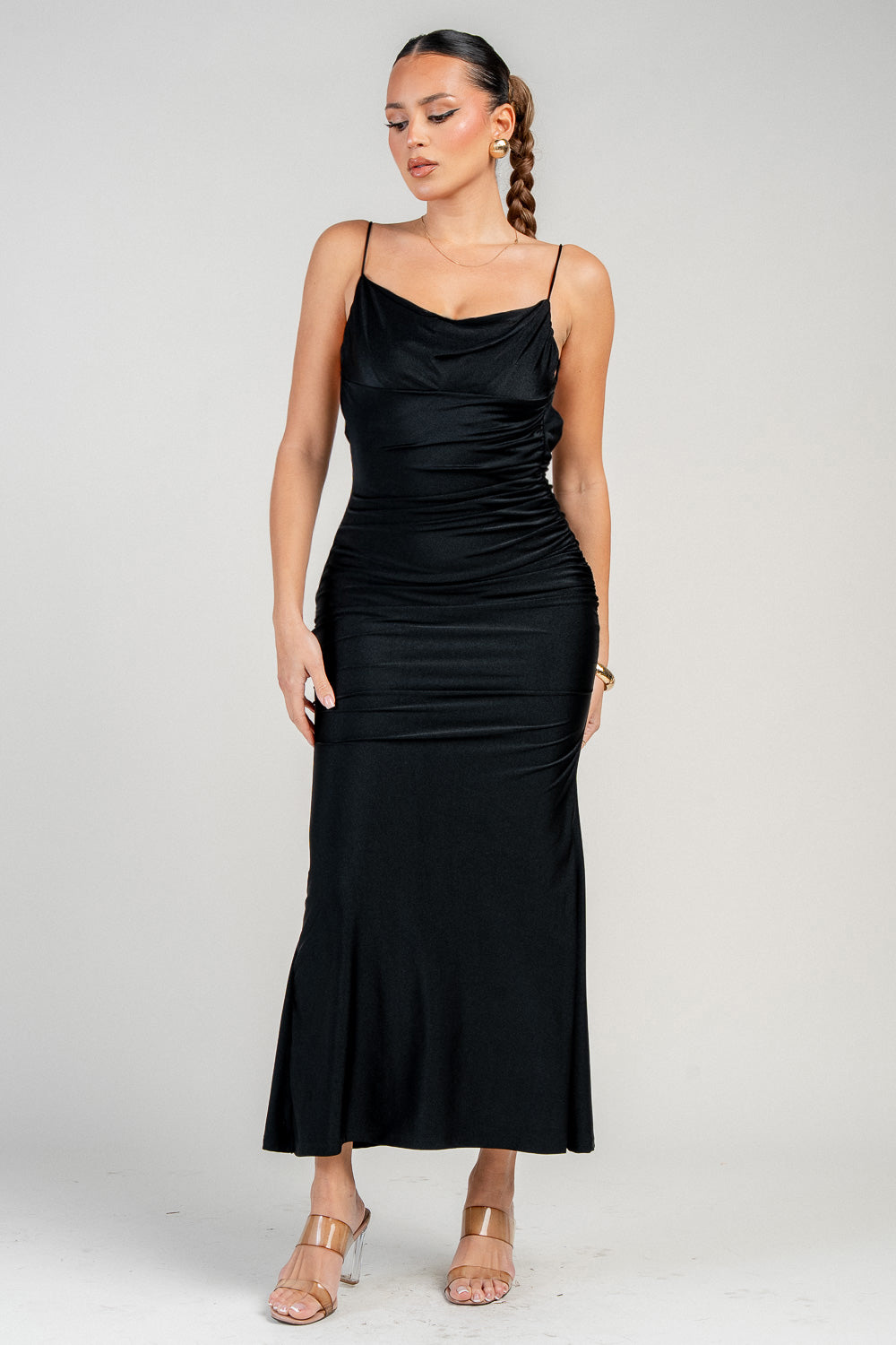 BACK COWL NECK MERMAID MIDI DRESS