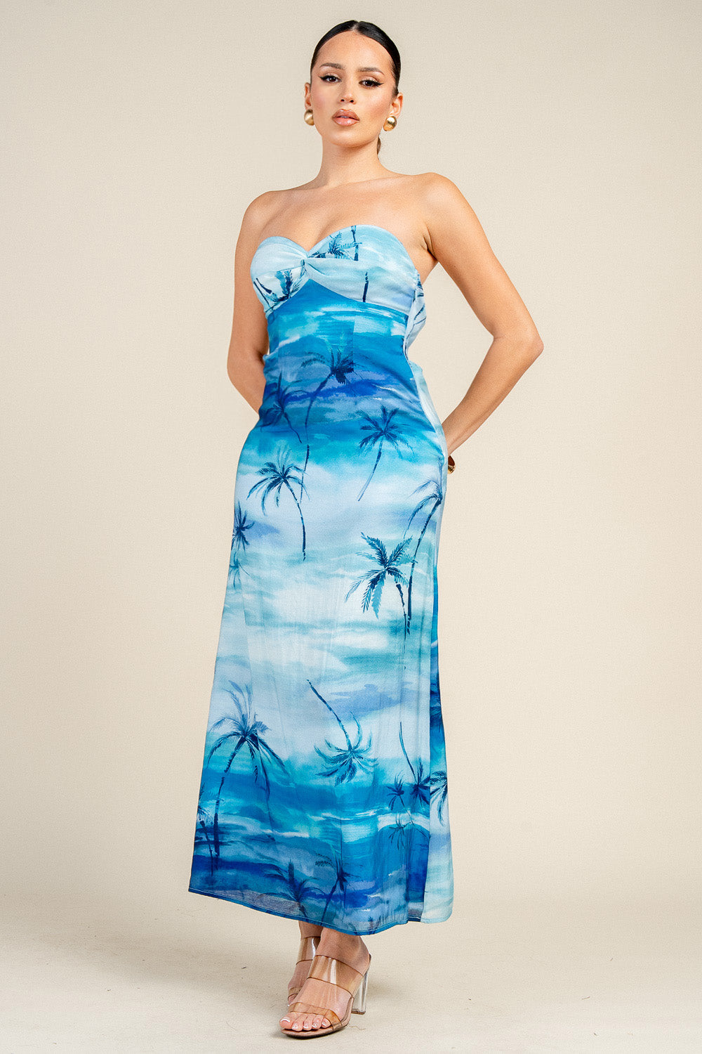 STRAPLESS BACK COWL MIDI DRESS