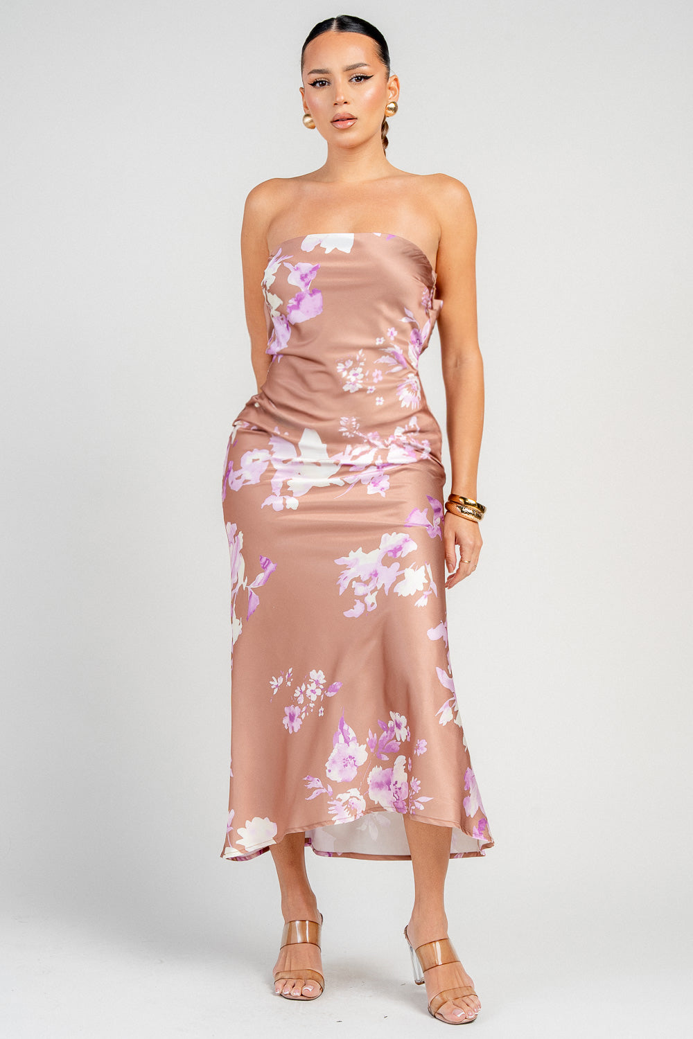 BACK LACE UP MIDI DRESS Cappuccino Floral / L BACK LACE UP MIDI DRESS Cappuccino Floral / L