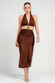 MIDI HALTER NECK DRESS WITH GOLD TRIM INSET