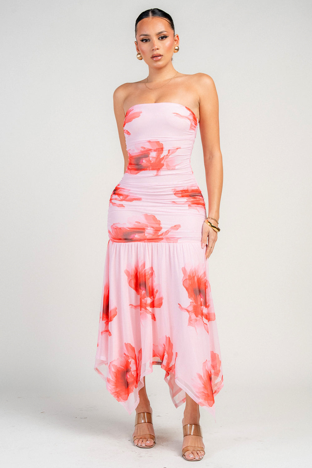 MESH PRINT SASYMATRICAL HEM TUBE MAXI DRESS