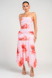 MESH PRINT SASYMATRICAL HEM TUBE MAXI DRESS