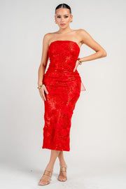 STRAPLESS BACK RIBBON 3D FLORAL SEQUINS LACE MIDI DRESS