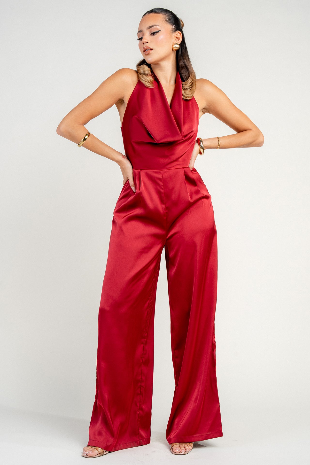 COWL HALTER NECK WIDE LEG JUMPSUIT