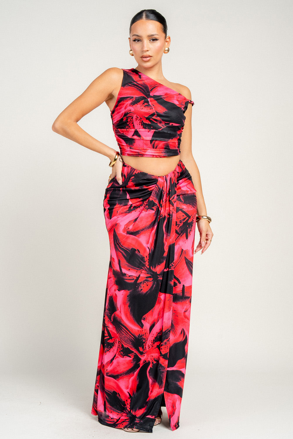 ONE SHOULDER CROP TOP & RUCHED MAXI SKIRT SET