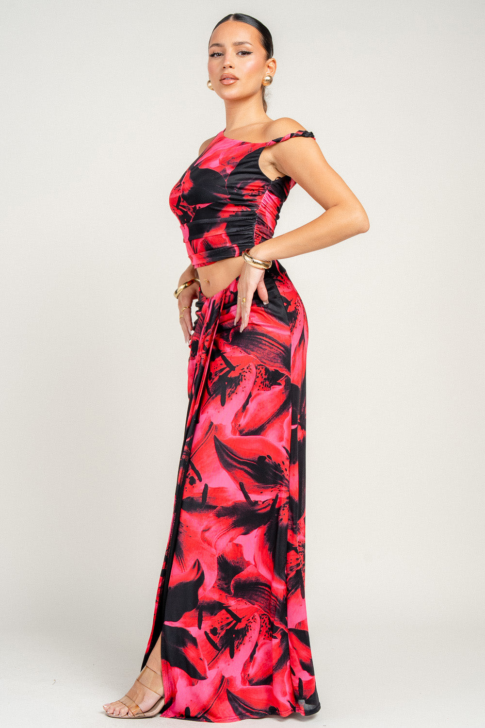 ONE SHOULDER CROP TOP & RUCHED MAXI SKIRT SET