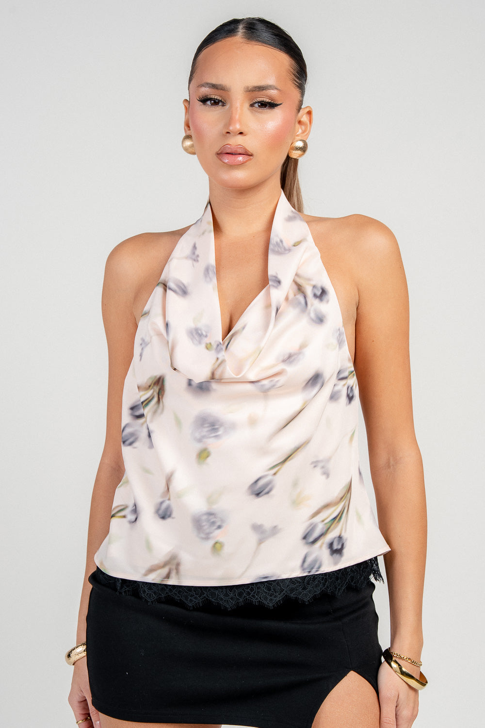 COWL HALTER NECK OPEN BACK WITH LACE TRIM DETAIL TOP