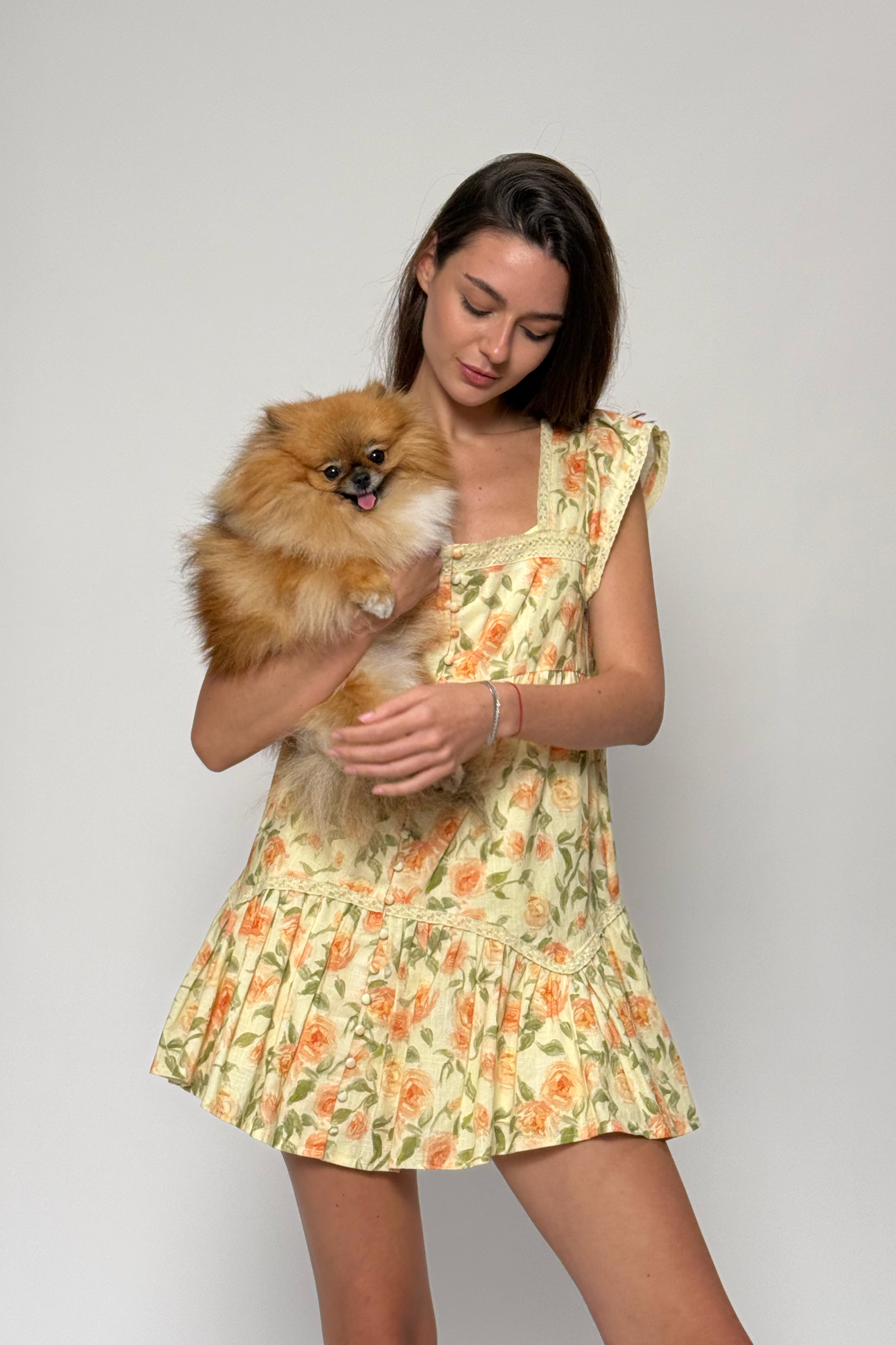 LINEN PRINTED BUTTON FRONT S/S BABY DOLL MINIDRESS