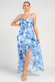 FLORAL PRINT TWIST FRONT HIGH-LOW MAXI DRESS