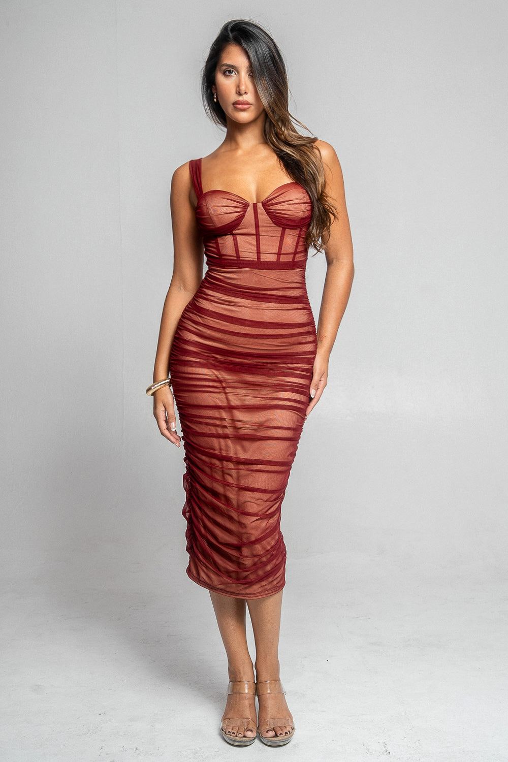 Ruched Mesh Corset Midi Dress