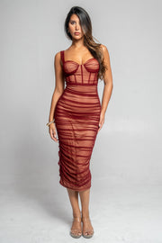 Ruched Mesh Corset Midi Dress