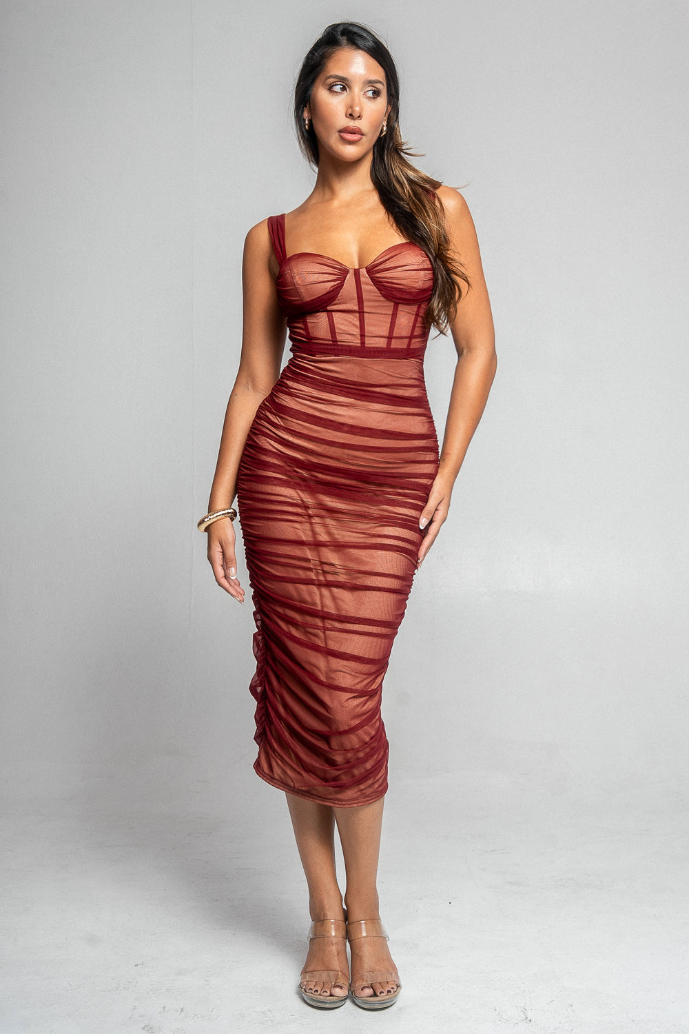Ruched Mesh Corset Midi Dress