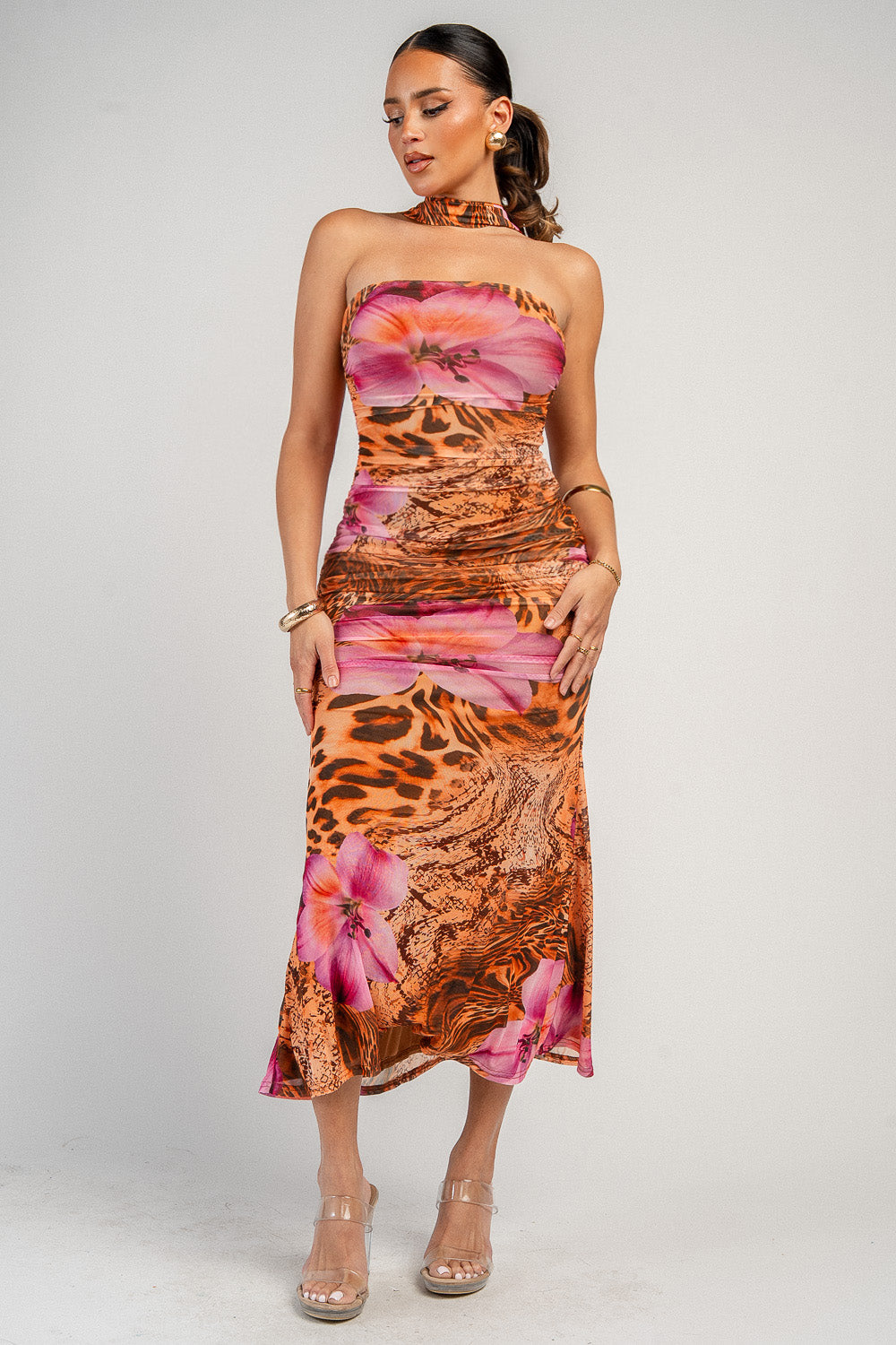Print Ruched Halter Midi Dress