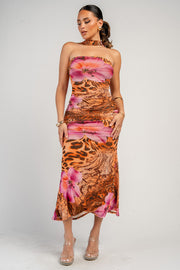 Print Ruched Halter Midi Dress
