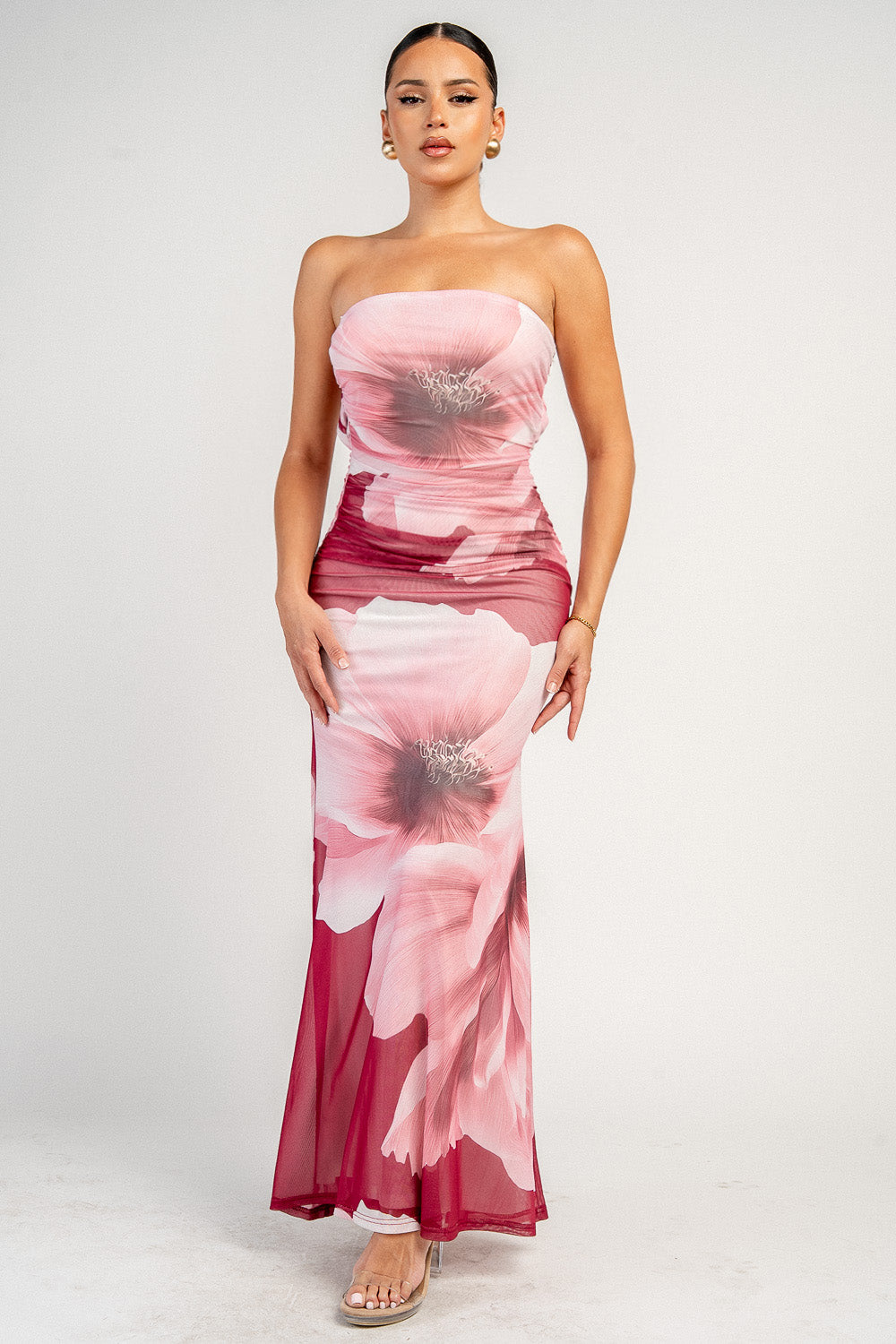 Strapless Floral Mesh Maxi Dress