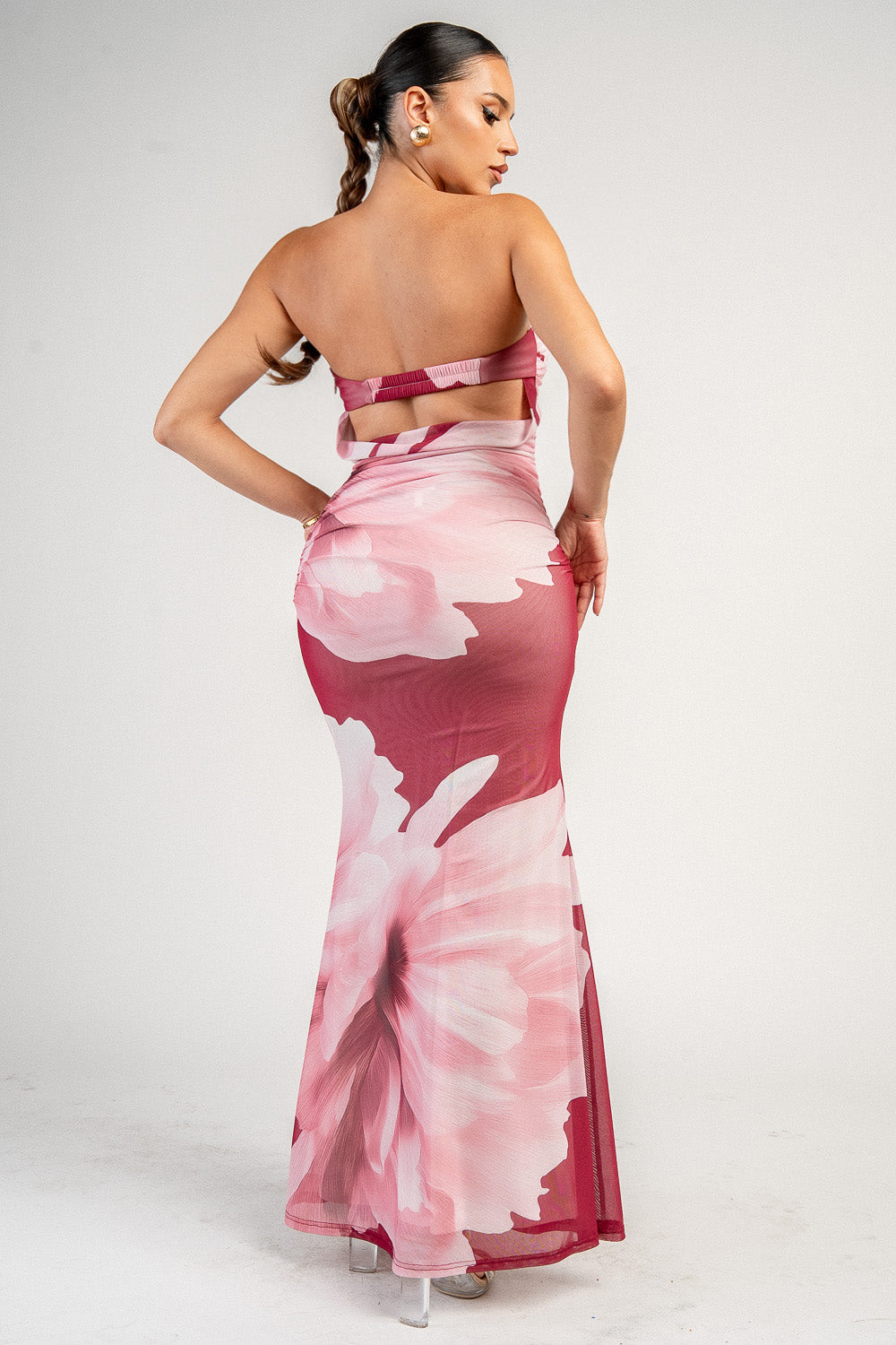 Strapless Floral Mesh Maxi Dress