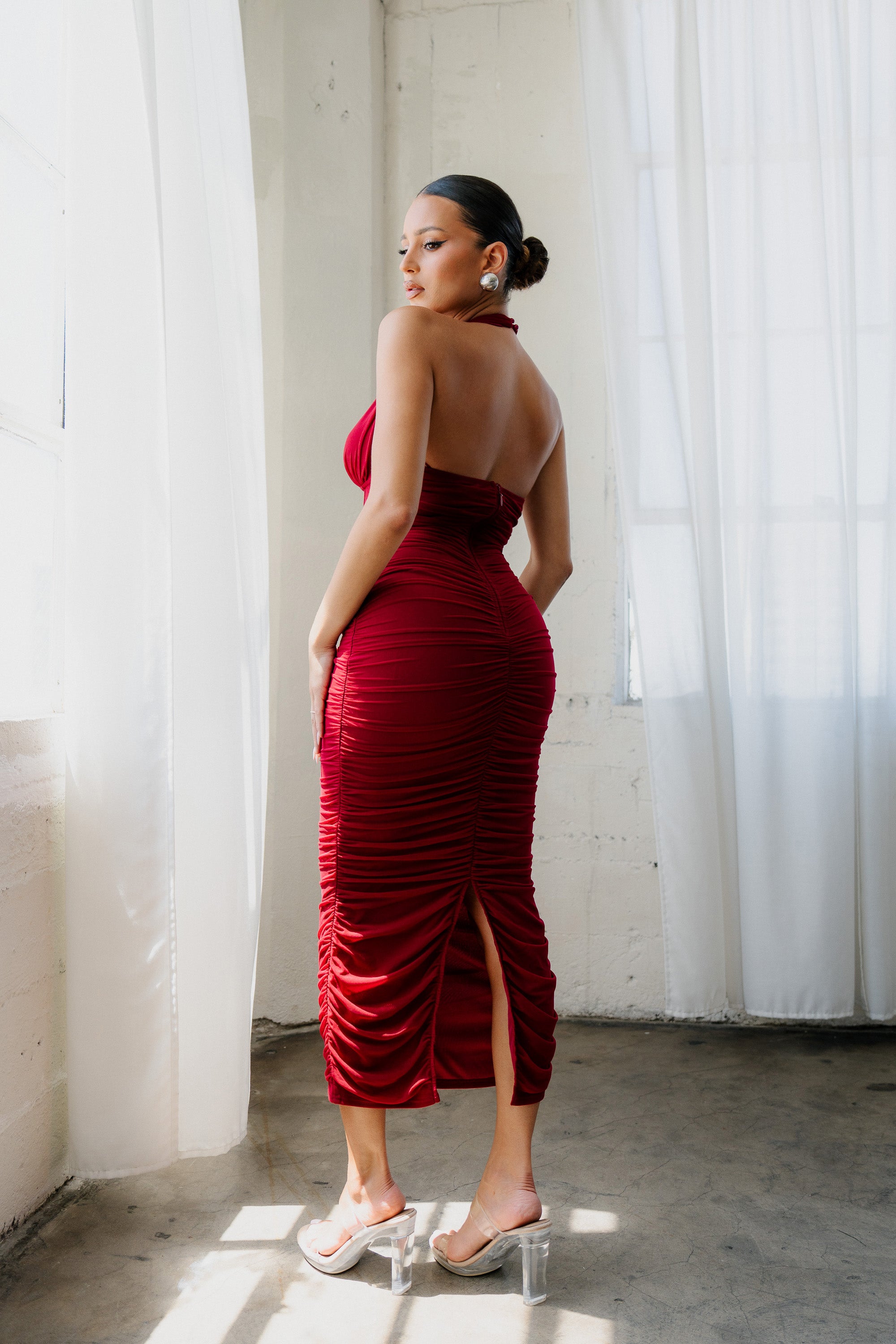 Ruched Mesh Corset Halter Maxi Dress