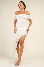 Off Shoulder Ruffle Lace Asymmetrical Dress