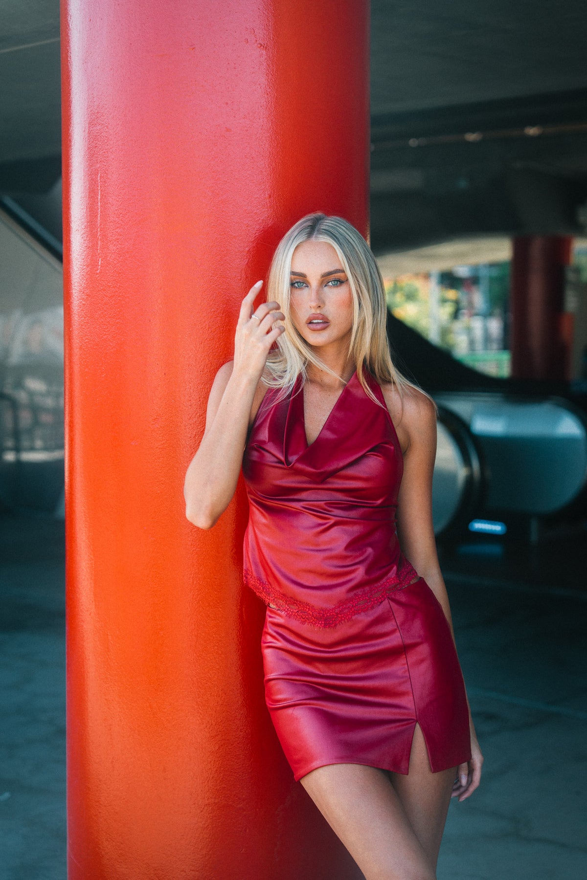 Satin Cowl Neck Halter Top & Mini Skirt Set