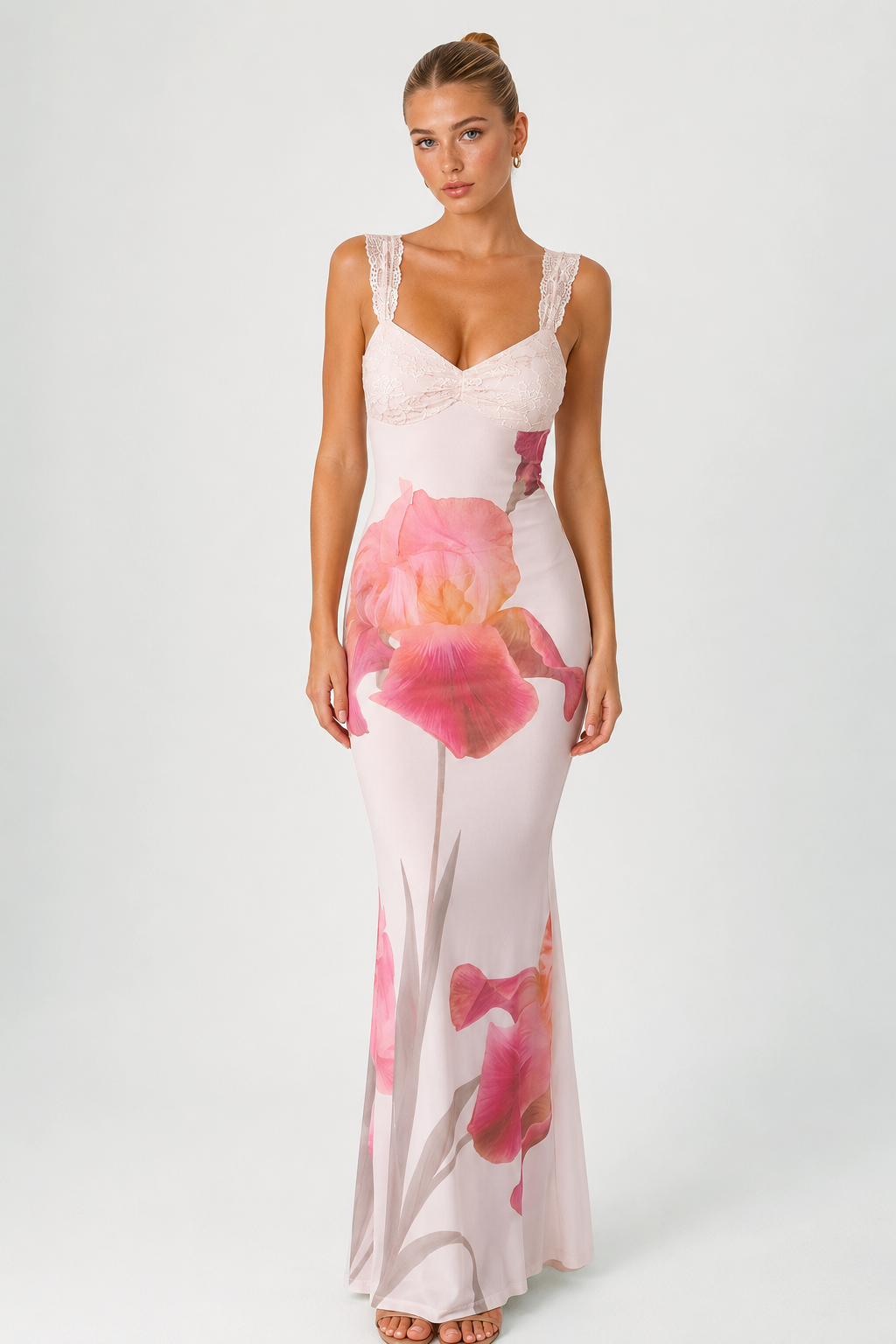 Lace Trim Floral Print Open Back Maxi Dress