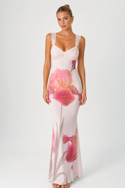Lace Trim Floral Print Open Back Maxi Dress