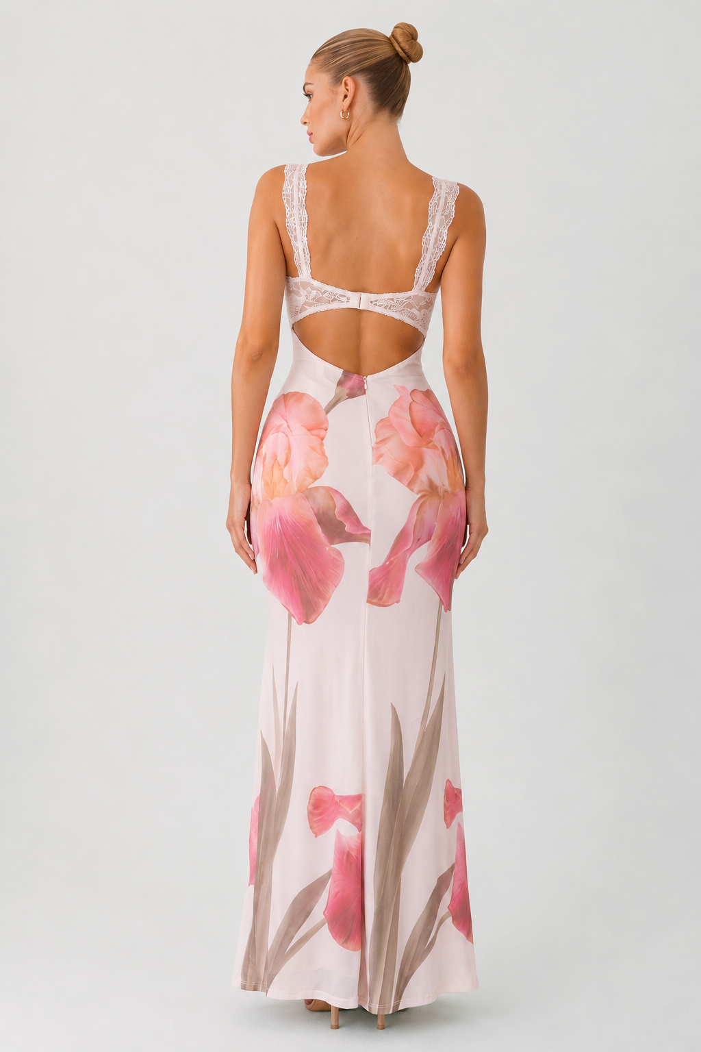 Lace Trim Floral Print Open Back Maxi Dress