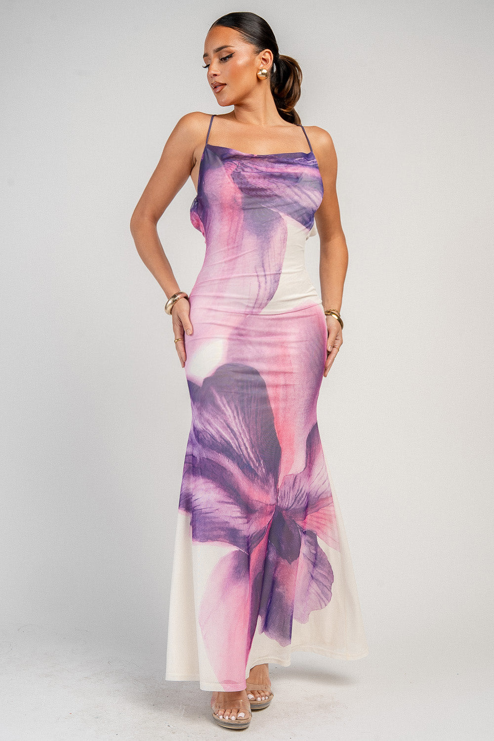 MESH PRINT WITH COWL NECK MAXI DRESS
