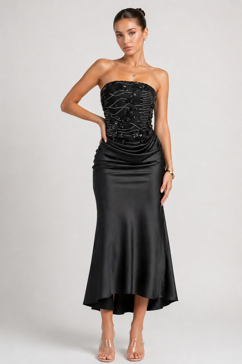 STRAPLESS ROUNDED NECKLINE EMBELLISHMENT MIDI DRESS