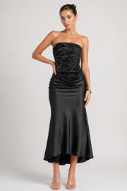 STRAPLESS ROUNDED NECKLINE EMBELLISHMENT MIDI DRESS