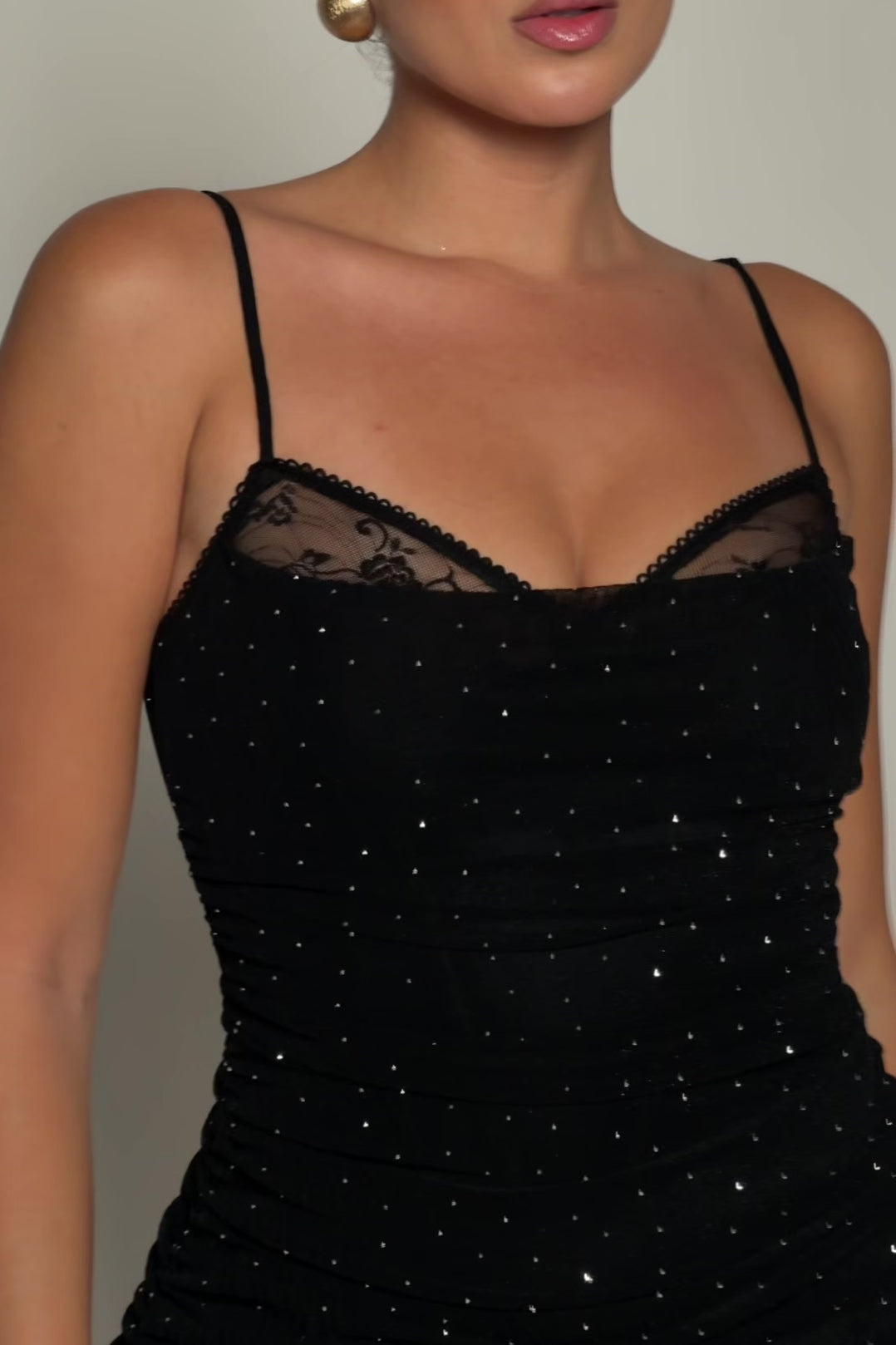 Load video: Sparkle Lace Trim Mesh Mini Dress